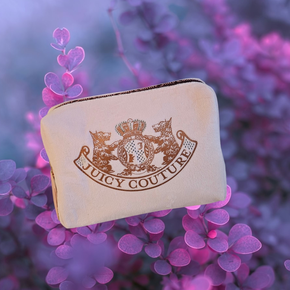 Juicy Couture Blush Pink Cosmetic Bag with clear travel toiletry bottle